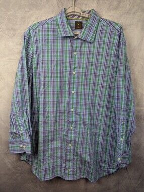 Tailorbyrd 3XL Plaid Button Down Shirt Purple Green Blue Flamingo Long Sleeve